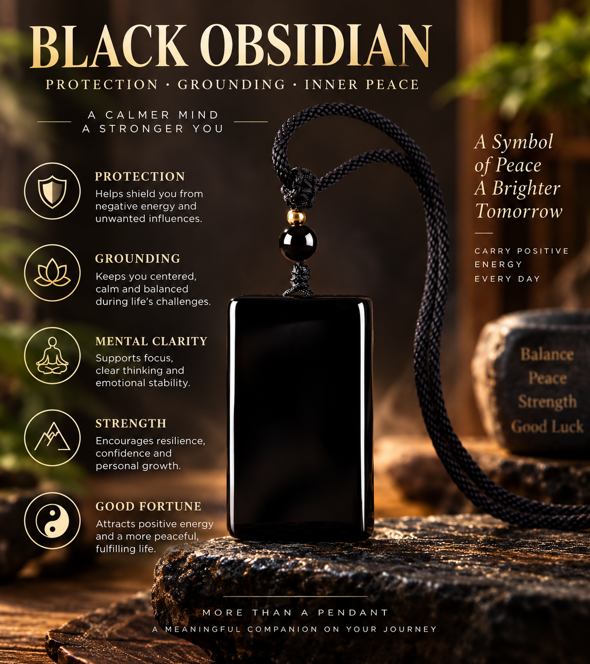 Aurkinatelier Natural Black Obsidian Plain Square Tablet Pendant, Peace Safety Protection Amulet Obsidian Necklace for Men