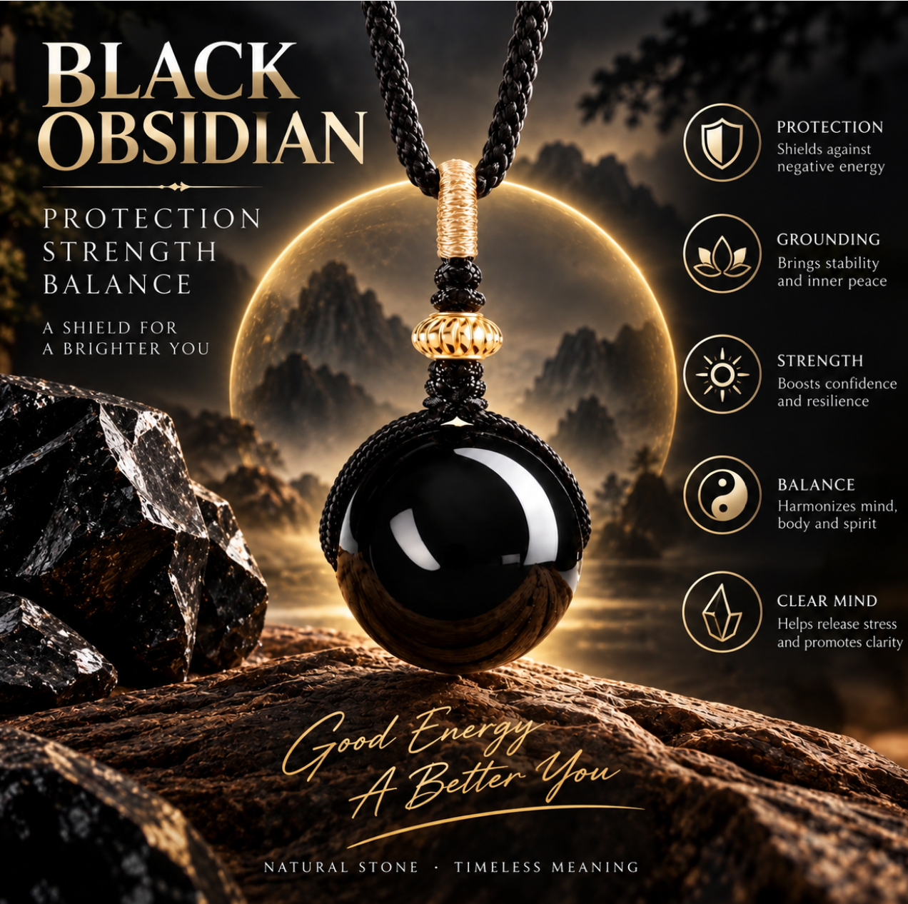 Aurkinatelier Natural Black Obsidian Single Pendant Necklace, Plain Square Tablet Obsidian Protection Amulet Necklace for Men & Women