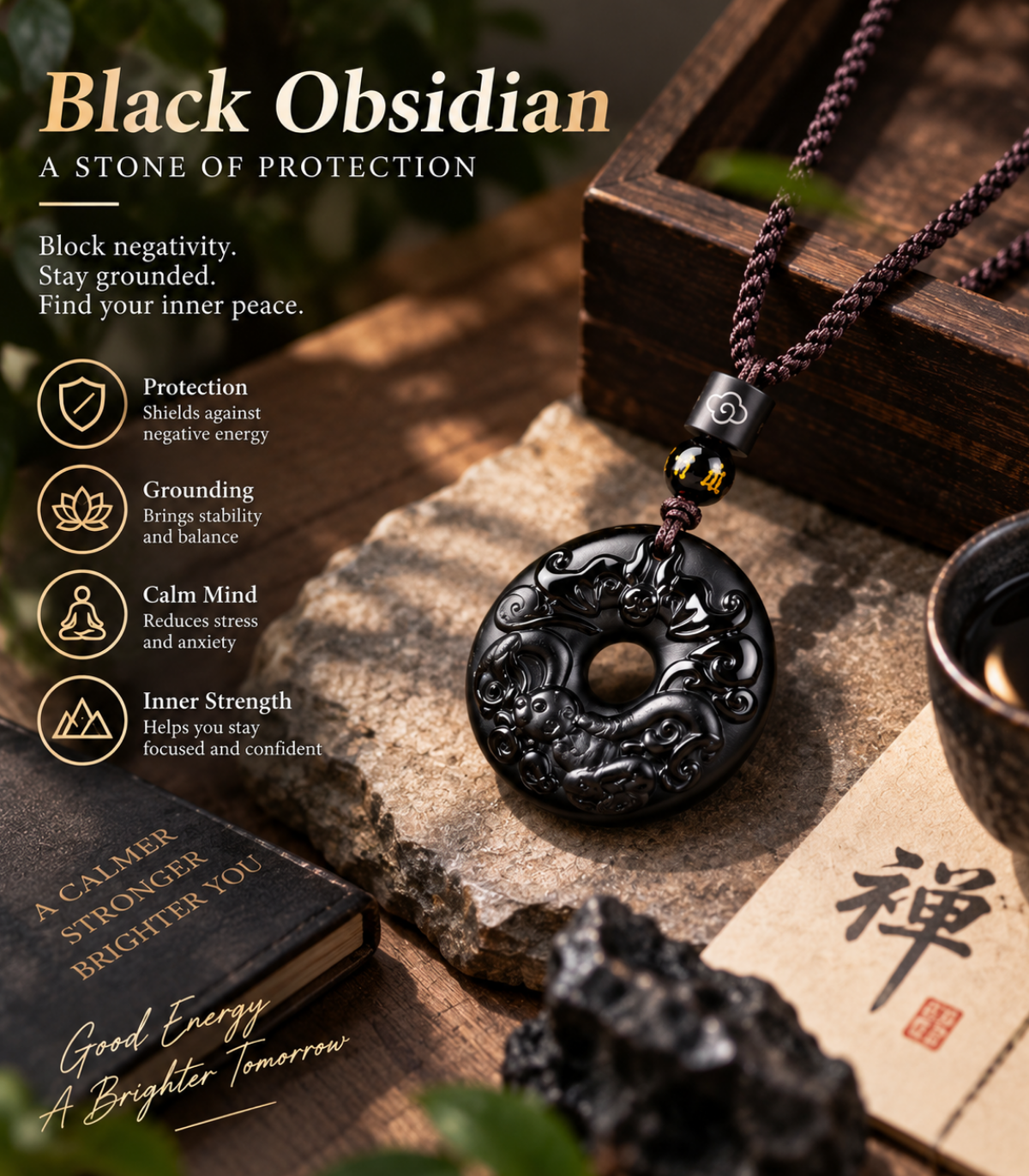 Chinese Zodiac Natural Black Obsidian Peace Buckle Strength Necklace Pendant