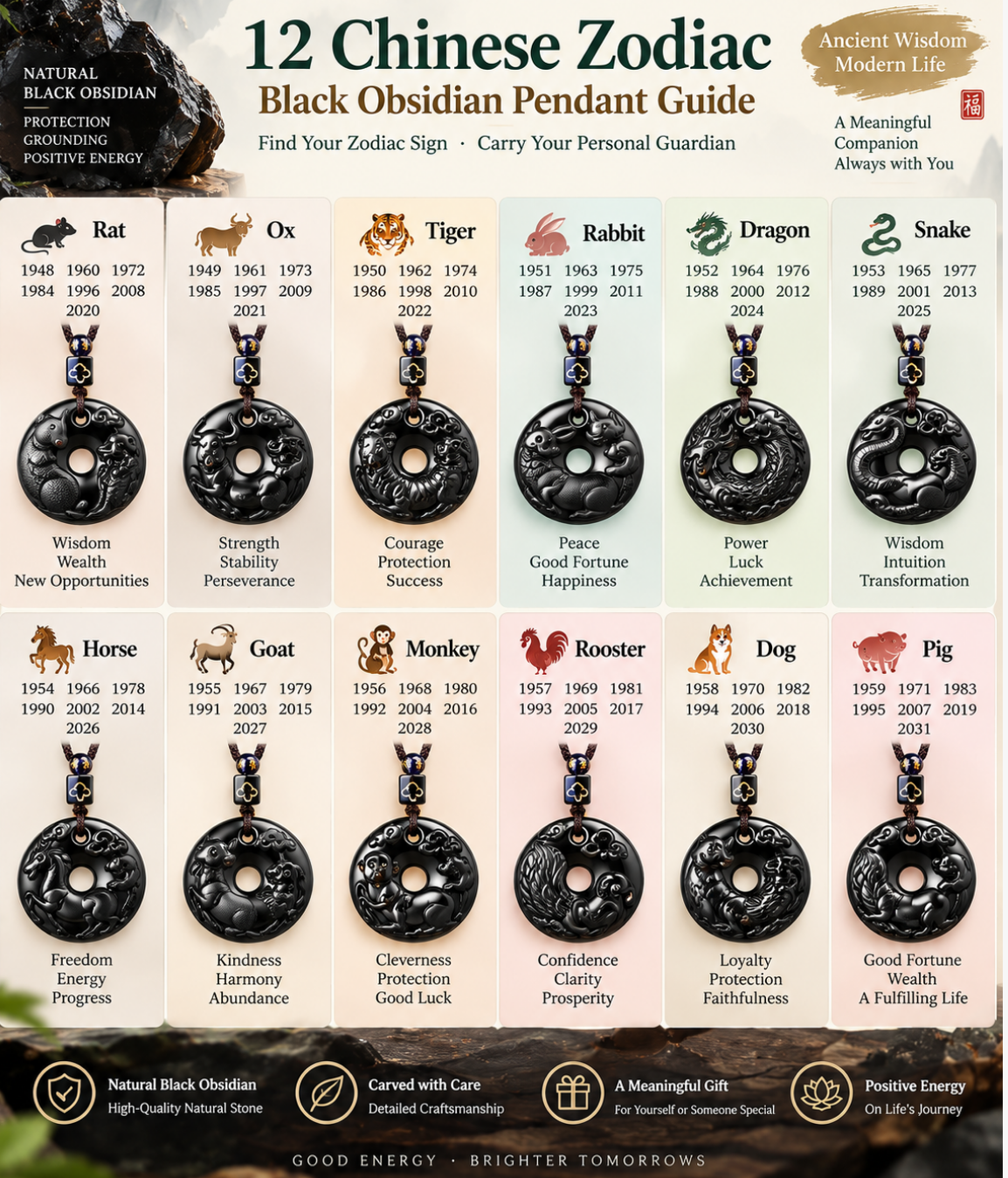 Chinese Zodiac Natural Black Obsidian Peace Buckle Strength Necklace Pendant