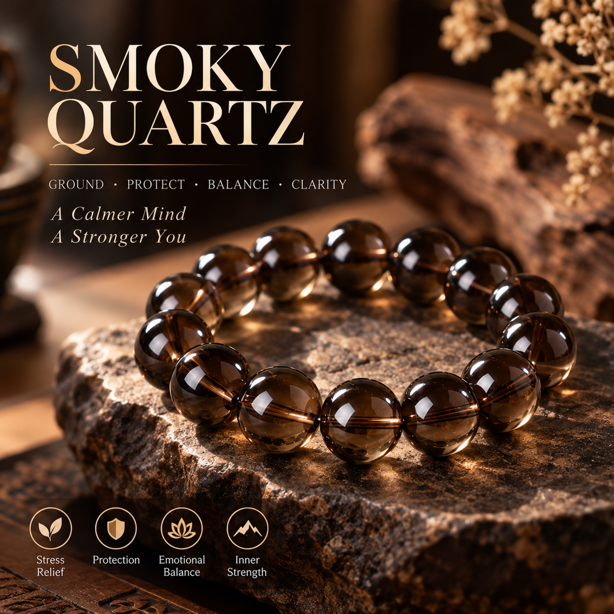 Aurkinatelier Natural Smoky Quartz Beaded Bracelet | Smoky Quartz Crystal for Grounding, Spiritual Protection & Negative Energy Release