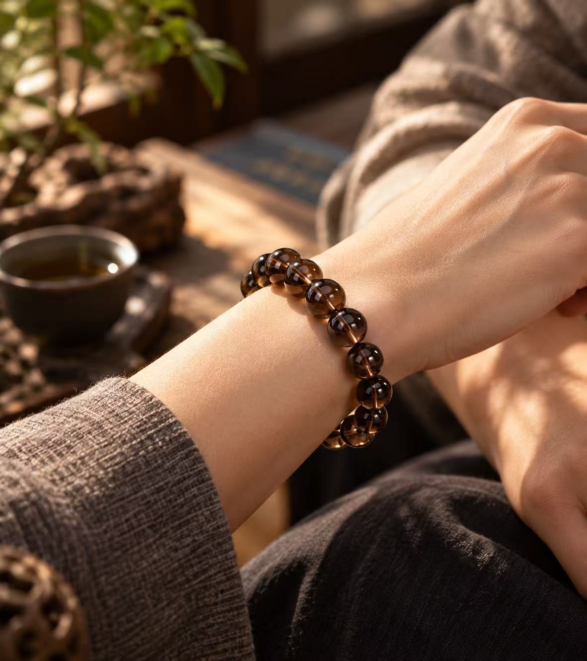 Aurkinatelier Natural Smoky Quartz Beaded Bracelet | Smoky Quartz Crystal for Grounding, Spiritual Protection & Negative Energy Release
