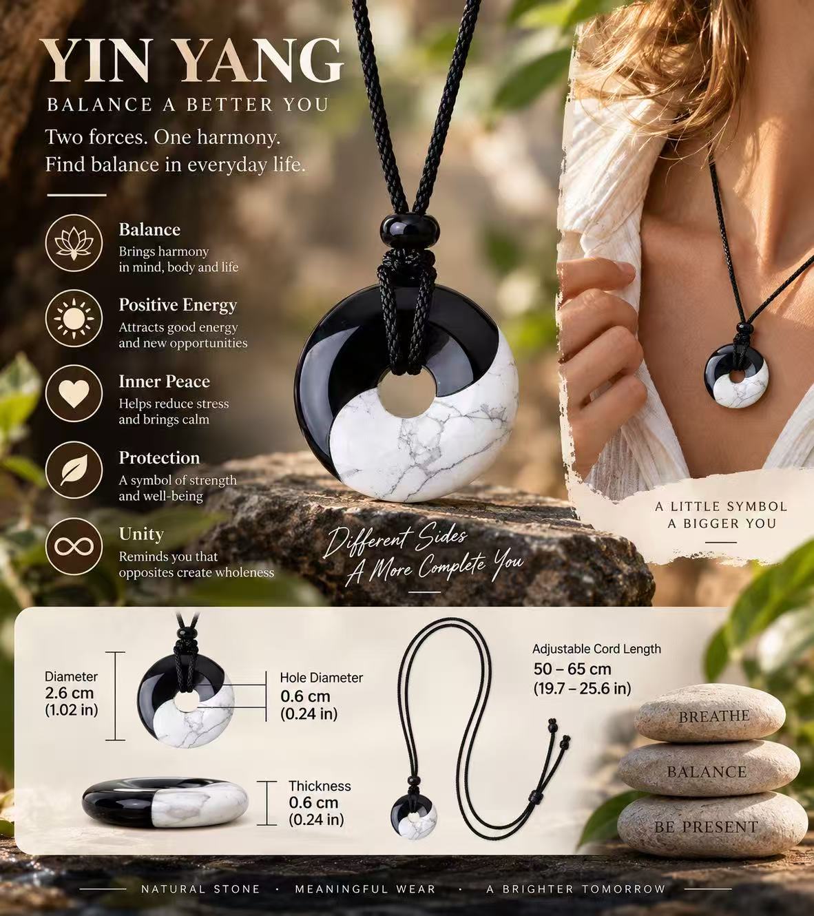 Aurkin Atelier Natural Black Obsidian White Turquoise Yin Yang Transformation Rope Necklace Pendant