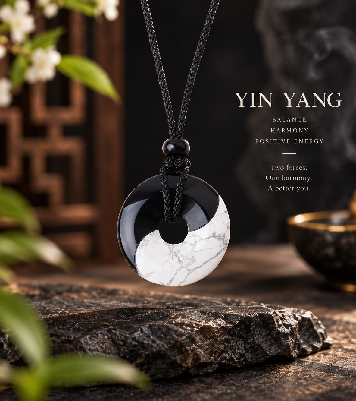 Aurkin Atelier Natural Black Obsidian White Turquoise Yin Yang Transformation Rope Necklace Pendant