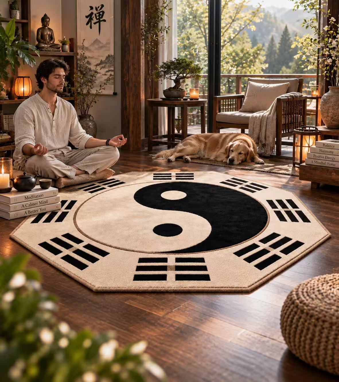 Octagonal Bagua Yin Yang Meditation Rug, Eight Trigrams Tai Chi Symbol Floor Mat for Zazen, Spiritual Energy & Sacred Space | Wholesale Meditation Cushions & Rugs