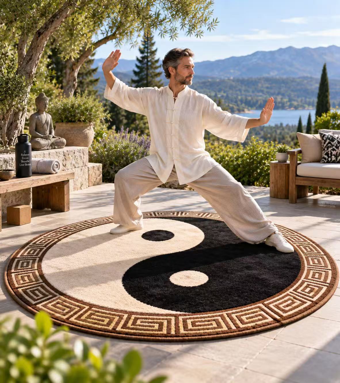 Round Yin Yang Meditation Rug with Geometric Border, Sacred Tai Chi Circular Floor Mat for Zazen, Balancing Energy & Zen Sanctuary | Wholesale Meditation Cushions & Rugs