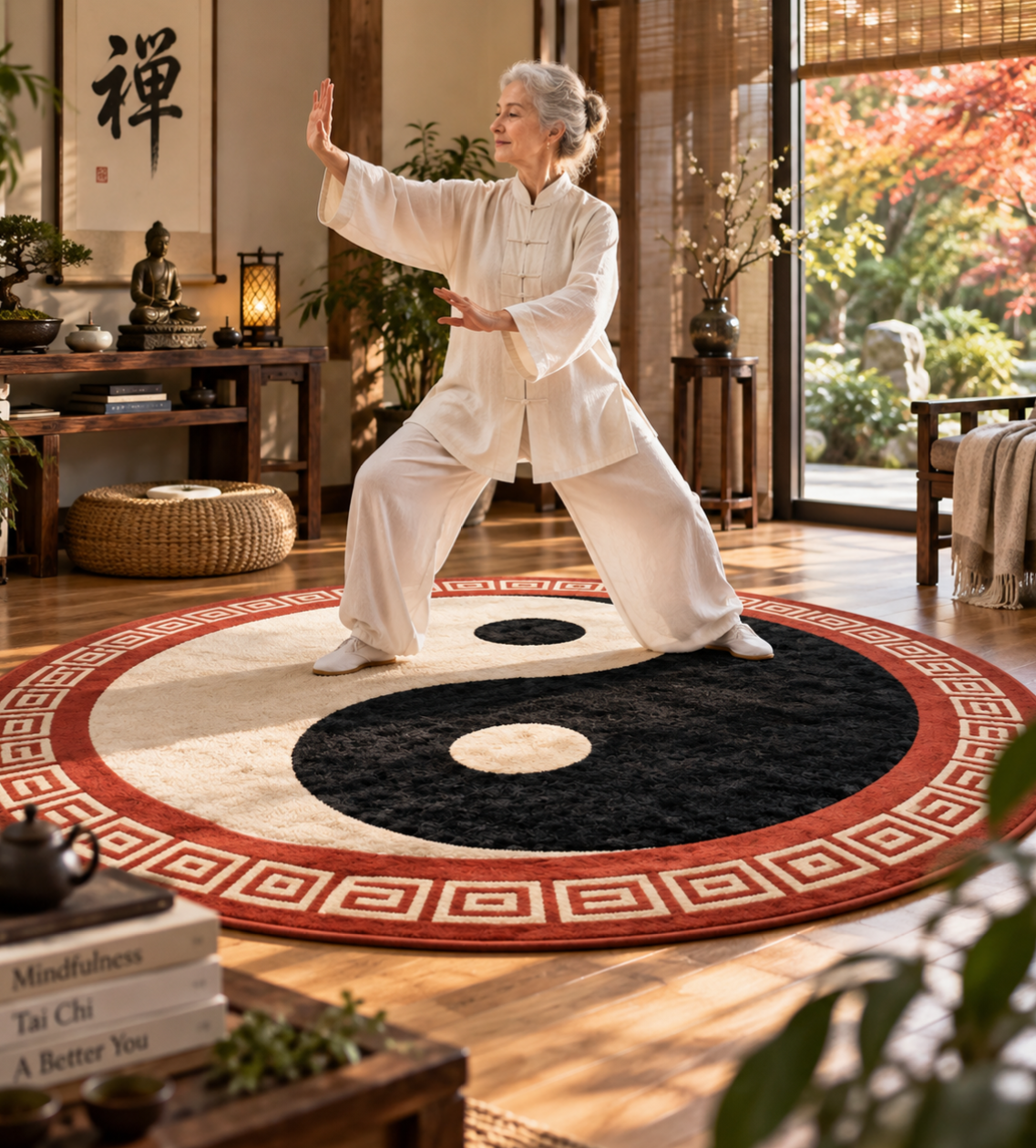 Aurkin Atelier Yin Yang Circular Meditation Rug with Red Geometric Border, Zen Spiritual Floor Mat for Mindful Ritual & Inner Harmony