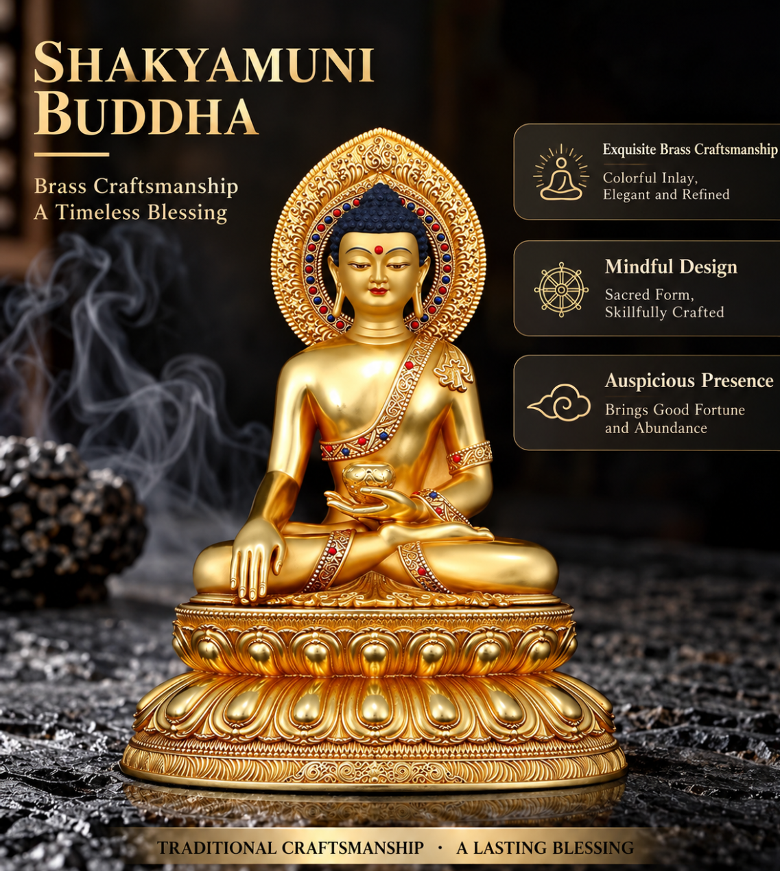 Handcrafted Gilt Brass Meditating Shakyamuni Buddha Statue for Home Altar and Meditation Decor, Symbolizing Inner Peace and Serenity