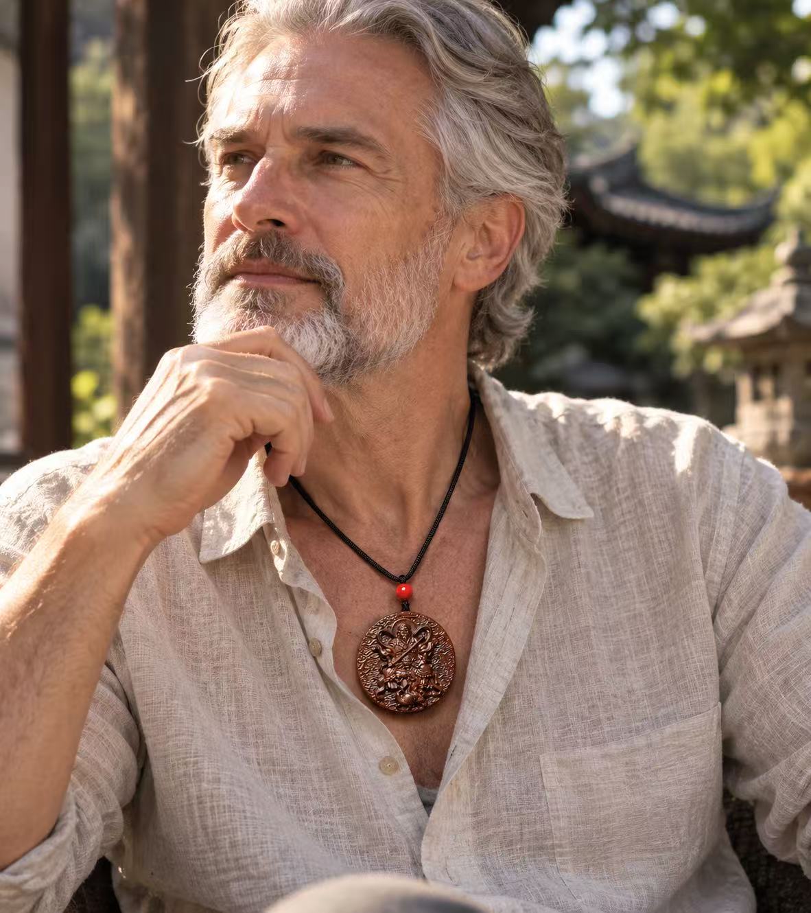 Hand Carved Thunder-Struck Jujube Wood Zhenwu Emperor Pendant, Taoist Round Protection Amulet Talisman Necklace | Aurkin Atelier