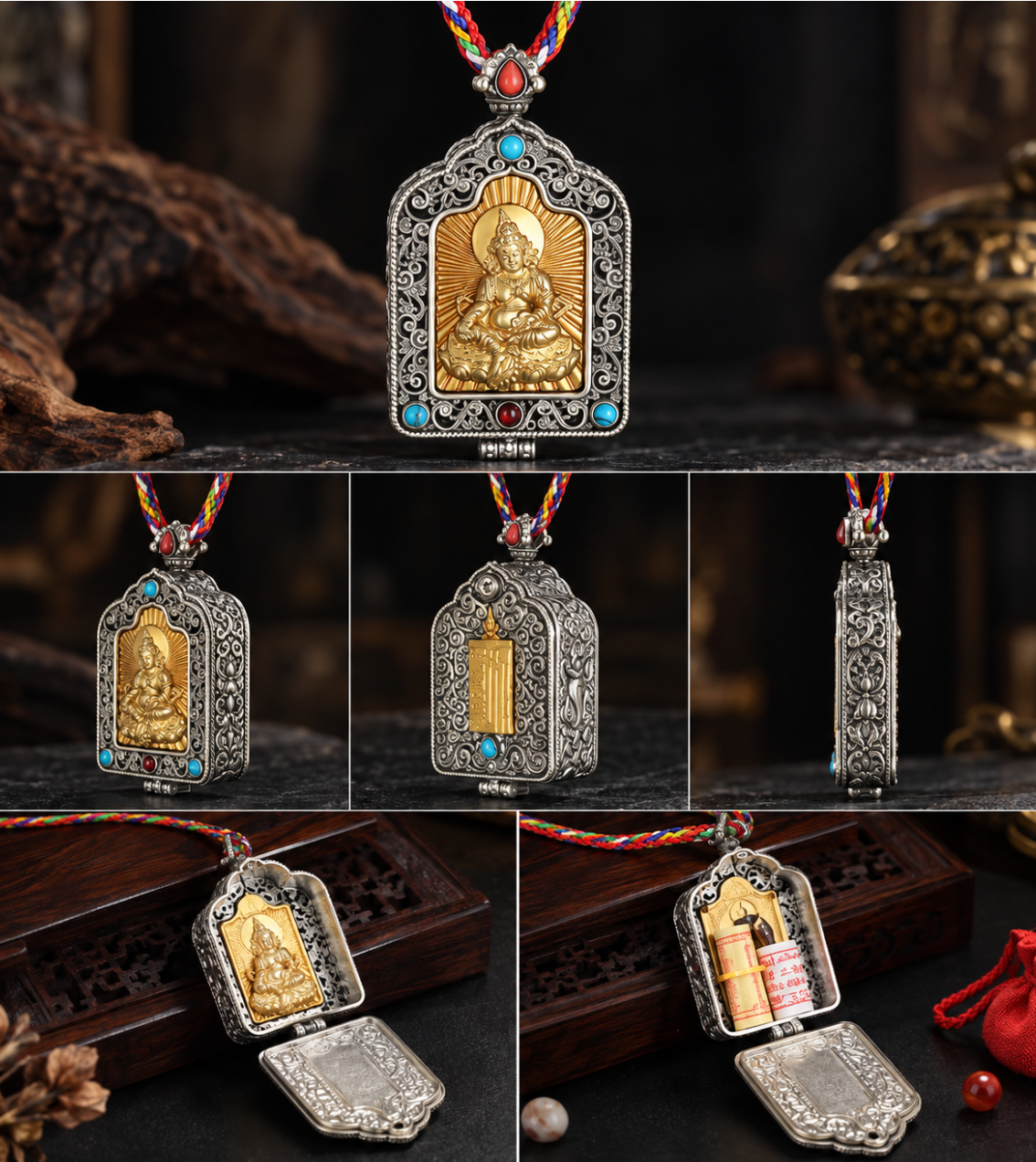 Aurkin Atelier Tibetan Prayer Box Locket, Ghau Box Spiritual Amulet Necklace for Wisdom, Abundance & Protection