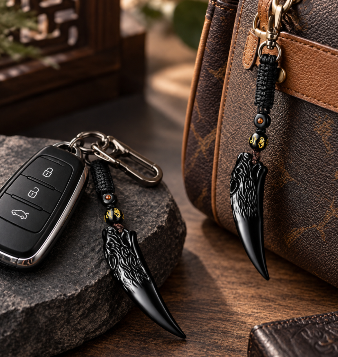 Natural Black Obsidian Wolf Tooth Courage Necklace Pendant