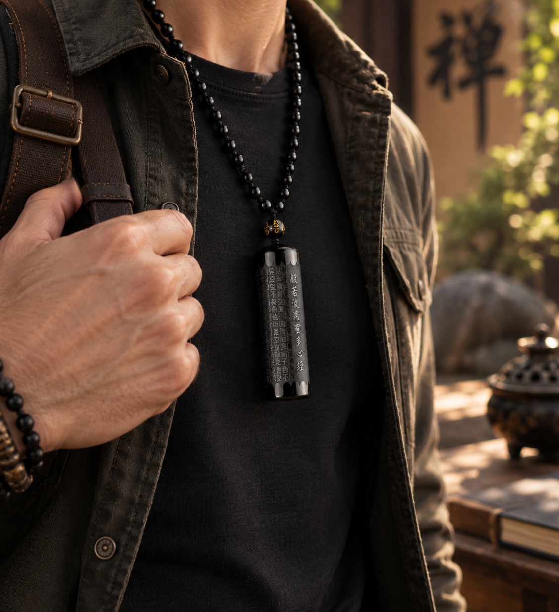 Natural Black Obsidian Heart Sutra Engraved Pendant Necklace  