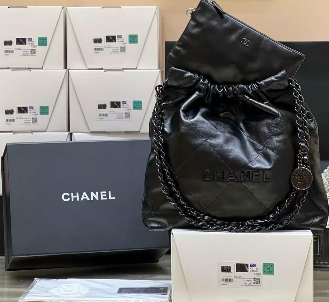 22k garbage bag new color black leather with gun color hardware, perfect for small number AS3260 size 35x37x7cm,