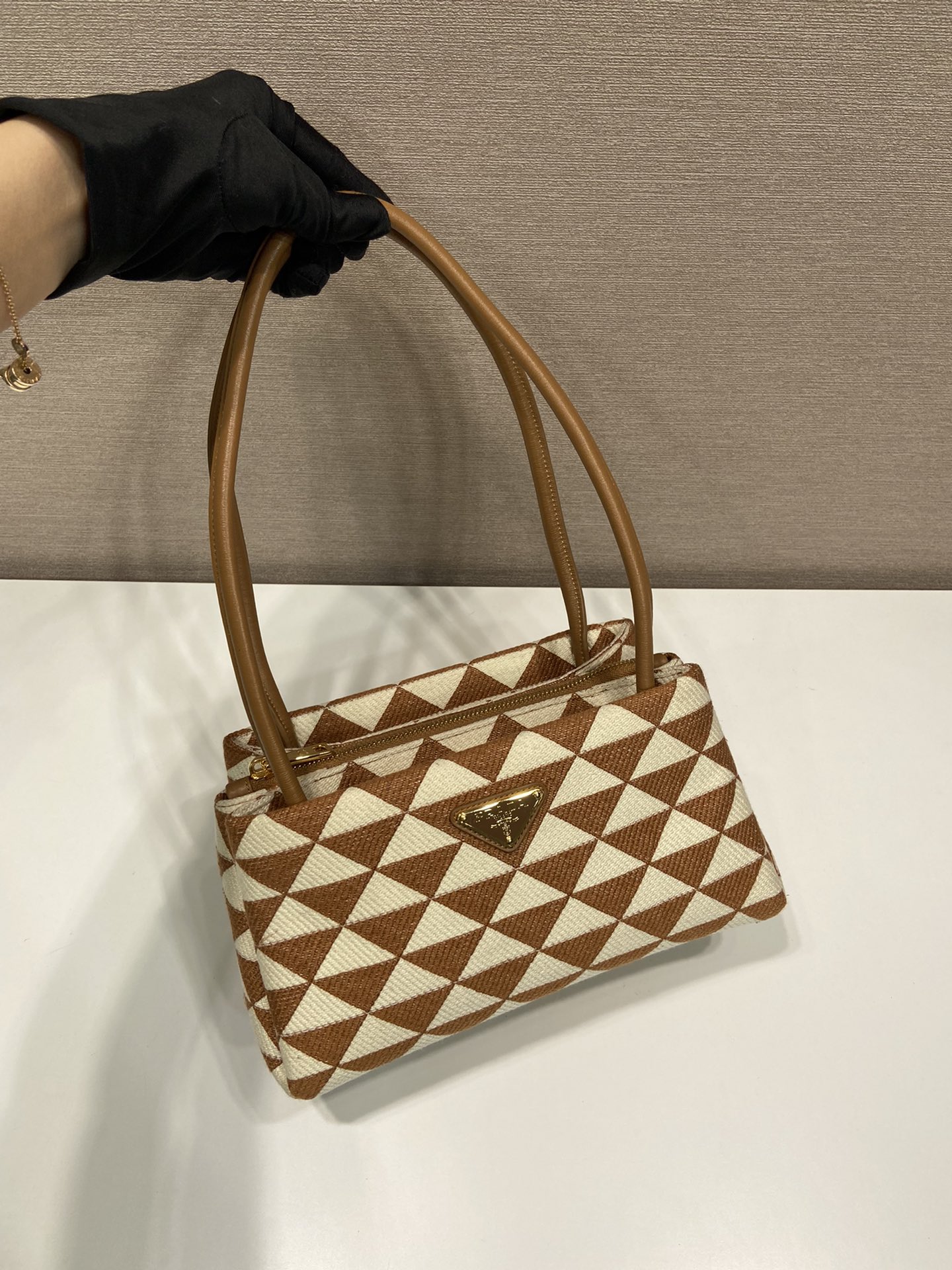 Replica Prada Small Embroidered Fabric Symbole Bag Beige