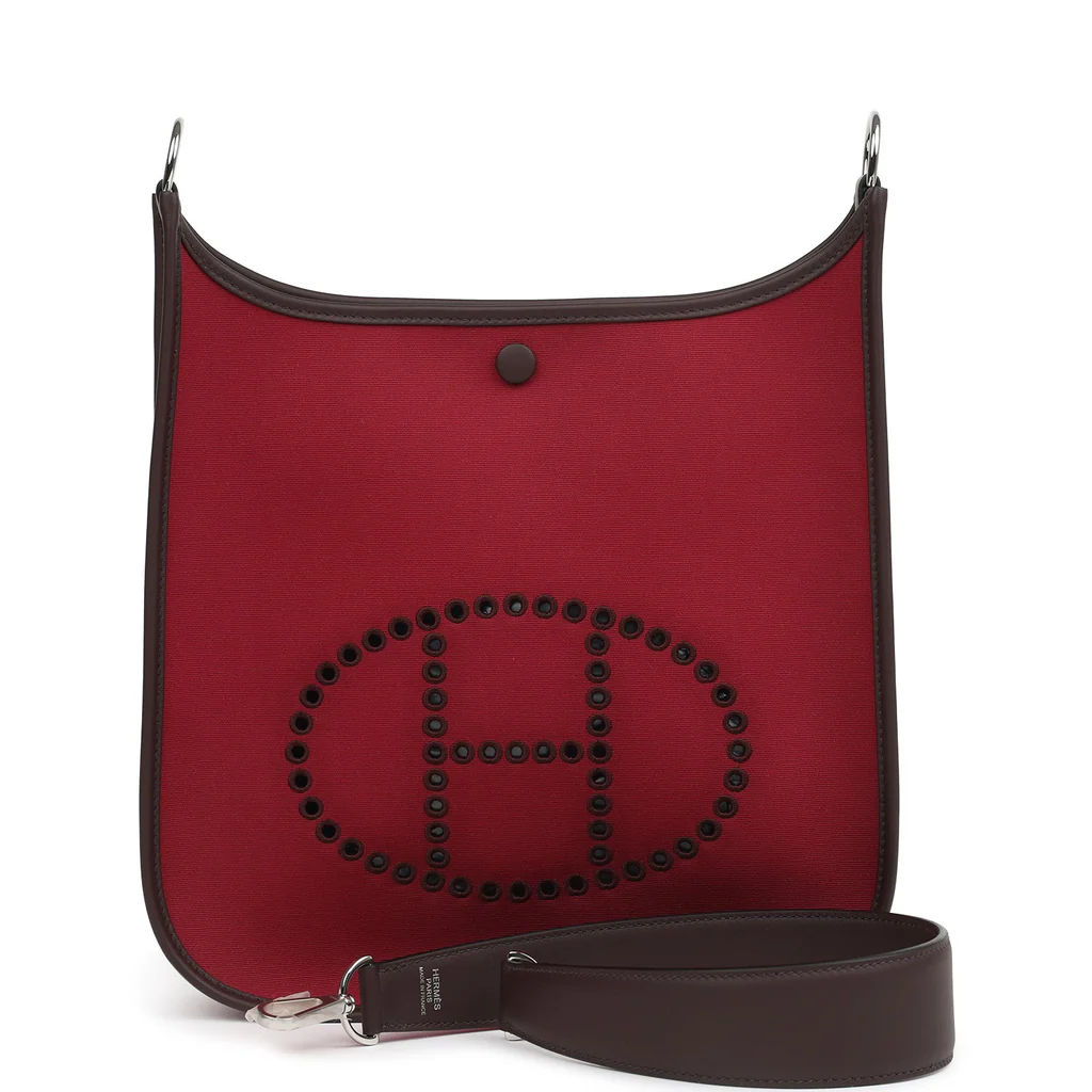 Replica Hermes Neo Evelyne PM Rubis Officier Canvas and Rouge Sellier Swift Palladium Hardware