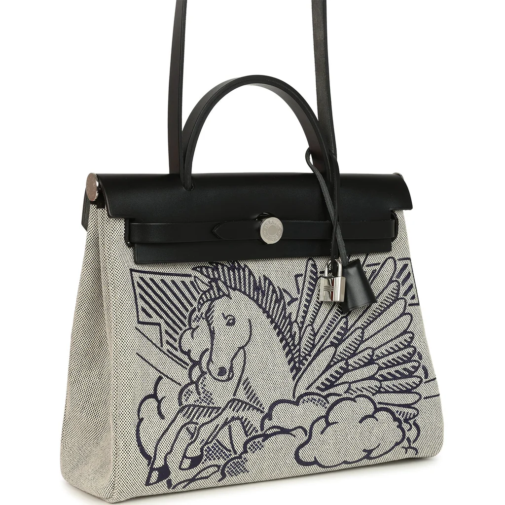 Replica Hermes Herbag Zip Pegase Pop PM 31 Ecru Toile H Canvas and Black Hunter Palladium Hardware