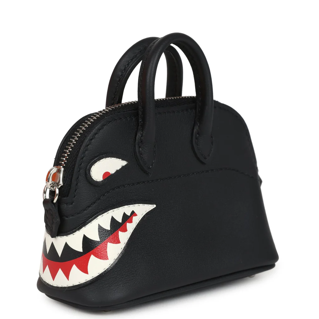 Replica Hermes Mini Bolide Shark Bag Charm Black and White Swift Palladium Hardware