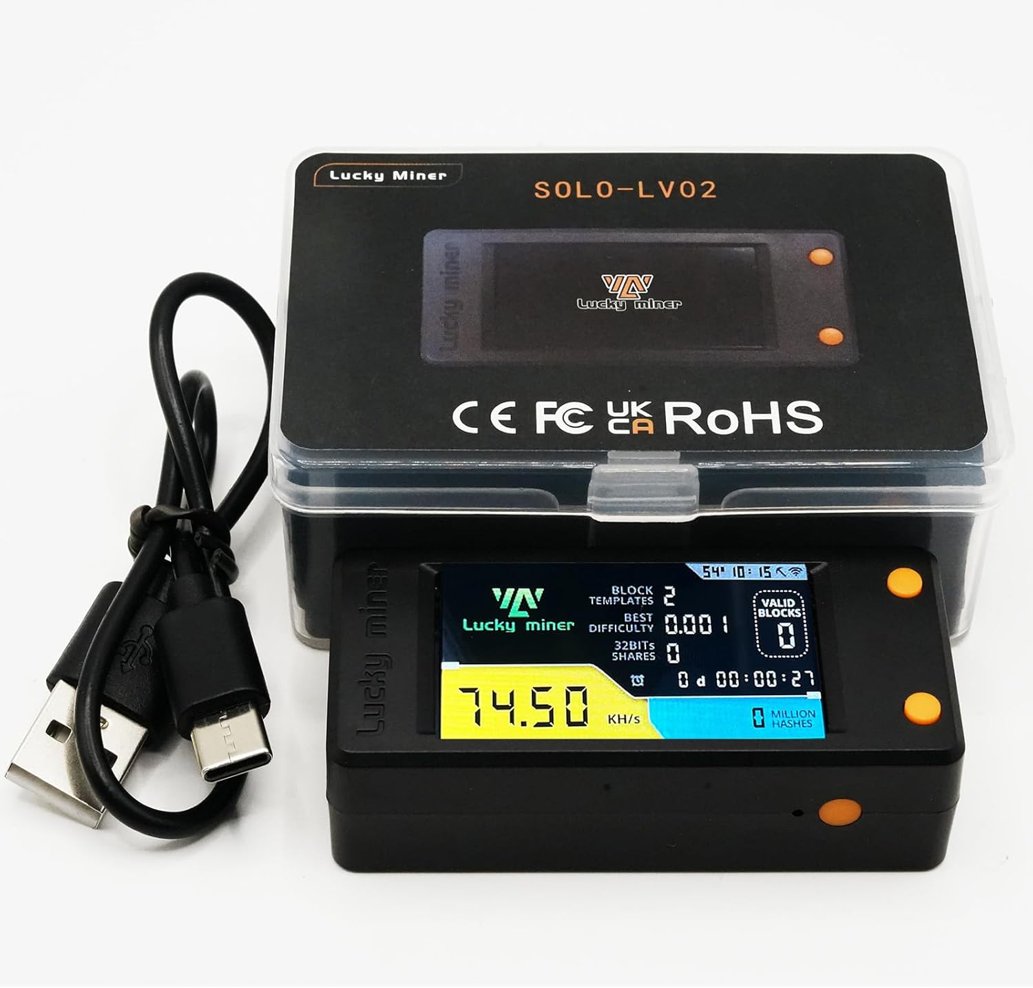 BeLuckyMan Bitcoins Miner 78KH/S LV02 Solo Miner with 1.9 inch Full-Color LCD Display, 1Watt Low Power Consumption, Crypto Miner, Mini Lottery Device, Type-C USB Connection, Black