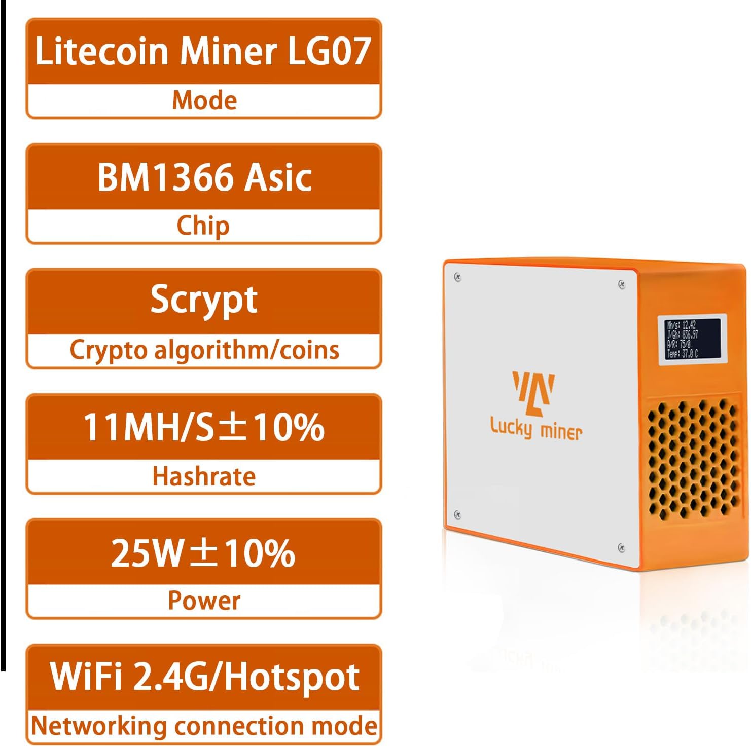 Litecoin Miner 10MH/S-12MH/S Hashrate Luckys Miner LG07 Asic Chip Scrypt Algorithm 22-27Watt Power Consumption Support LTC Doge Bells PEP LKY 101 Mineable Projects, Orange