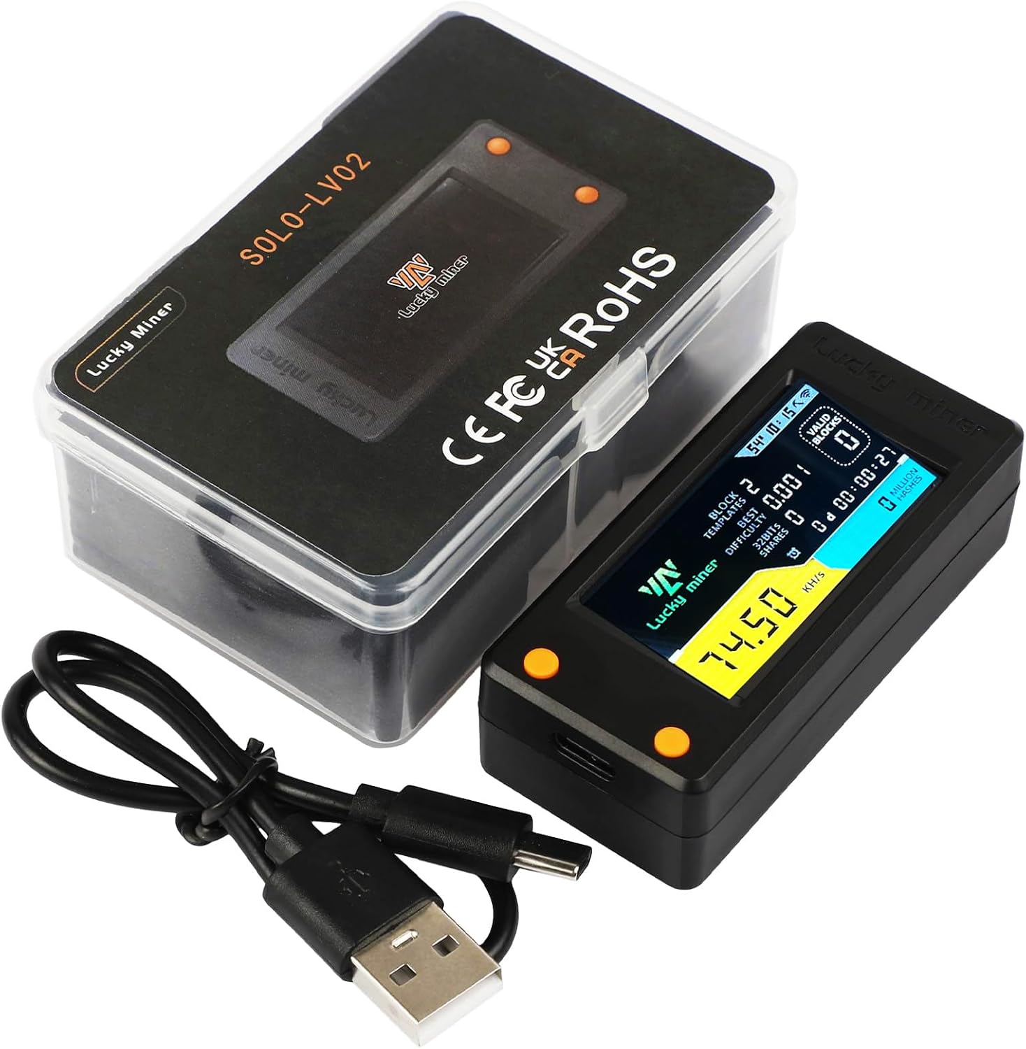 Bitcoins Miner 78KH/S Luckys Miner LV02 Solo Miner with 1.9 inch Full-Color LCD Display Asic Miner 1Watt Low Power Consumption Crypto Miner Mini Lottery Device Type-C USB Connection, Black