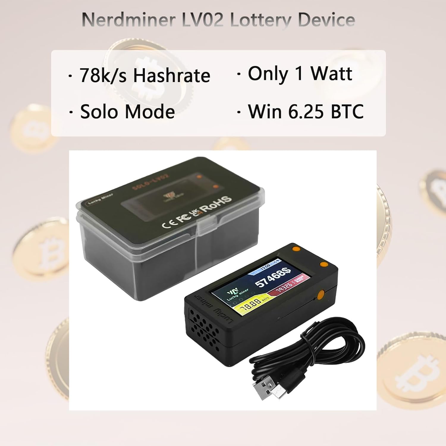 Bitcoins Miner 78KH/S Luckys Miner LV02 Solo Miner with 1.9 inch Full-Color LCD Display Asic Miner 1Watt Low Power Consumption Crypto Miner Mini Lottery Device Type-C USB Connection, Black