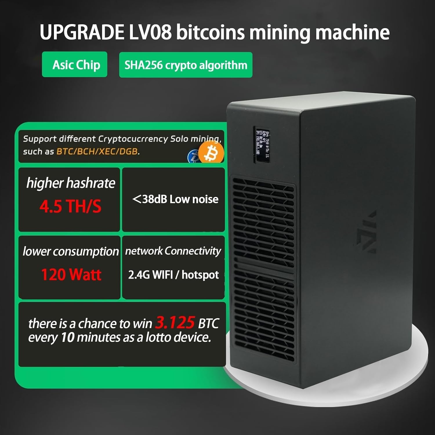 Lucky Miner Machine Lotto Mining Device,Bitcoins Miner 4.5TH/S WiFi SHA-256 Asic Chip BM1366,Solo Miner Portable V8 Micro Silent Cryptocurrency Home Use