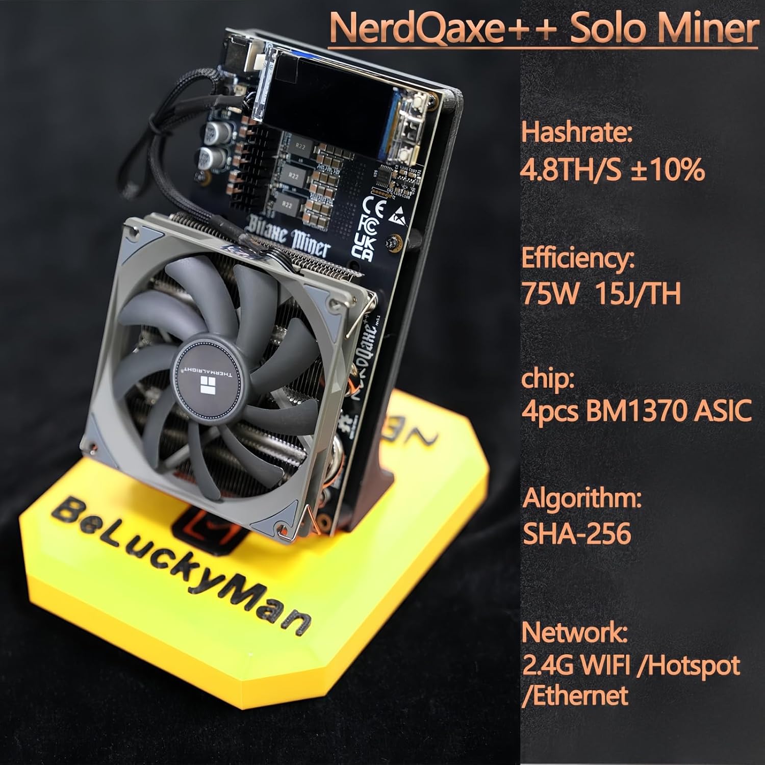 Upgraded NerdQaxe++ 4.8TH/s, Bitcoins Miner with 4 Pieces BM1370 Asic Chip, 95W Lottery Miner, Open-Source Solo Crypto Miner, Big Fan Design, Quiet Home & Office Miner (Yellow)