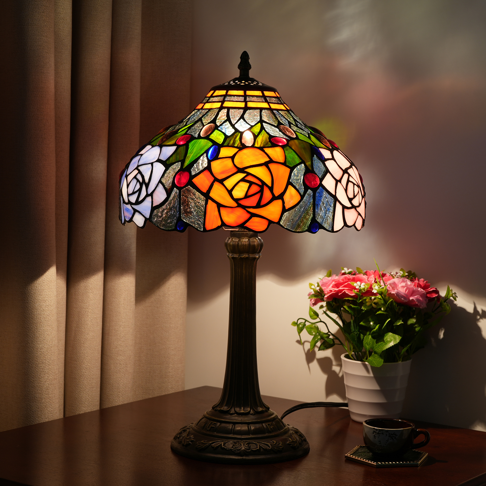 Blivuself Tiffany Style Stained Glass Lamp Red Orange Purple Pink Rose Table Lamp Bedroom Bedside Reading Desk Light for Living Office Retro Unique Cute Accent Decor 12" Village Gift Nightstand Lamps OFT998