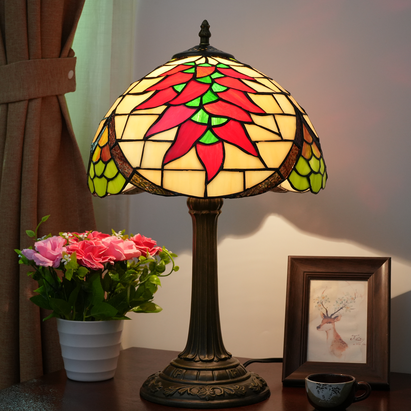 Blivuself Tiffany Desk Lamp Traditional Medieval Style 12 Inch Pepper Handmade Stained Glass Lamp Shade Indoor Lighting Retro Pastoral Style To Create Home Decoration Suitable For Bedroom Living Room Office Study, 12 Inch Harvest Pepper -OF Bronze Desk Lamp OFT1012