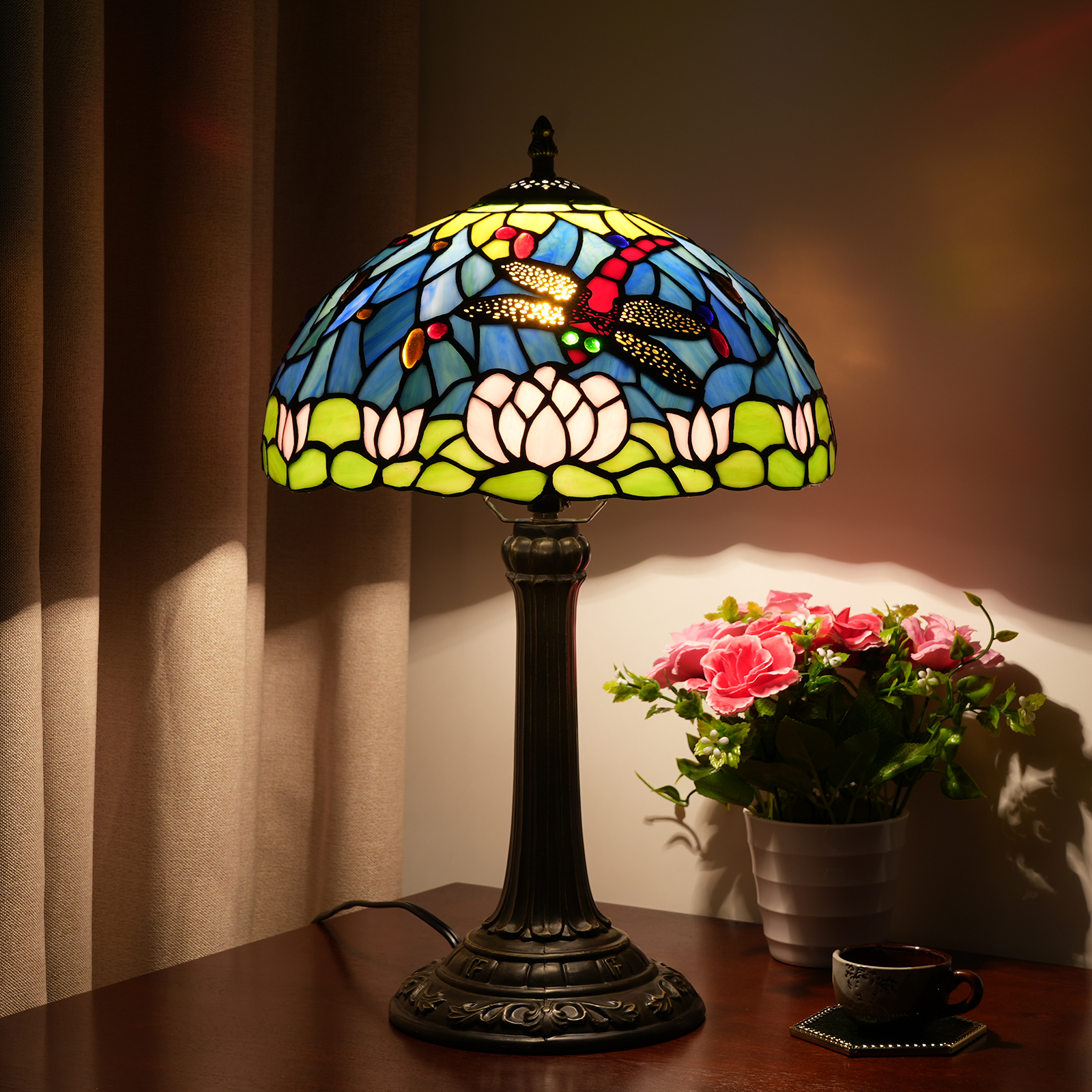 Blivuself Tiffany lamp Stained Glass Table Lamp Dragonfly Style Pink Lotus Flower Blue Sea Bedroom Bedside Reading Desk Light for Office Bar Decorate Retro Unique Cute Accent Nightstand Lamps OFT990