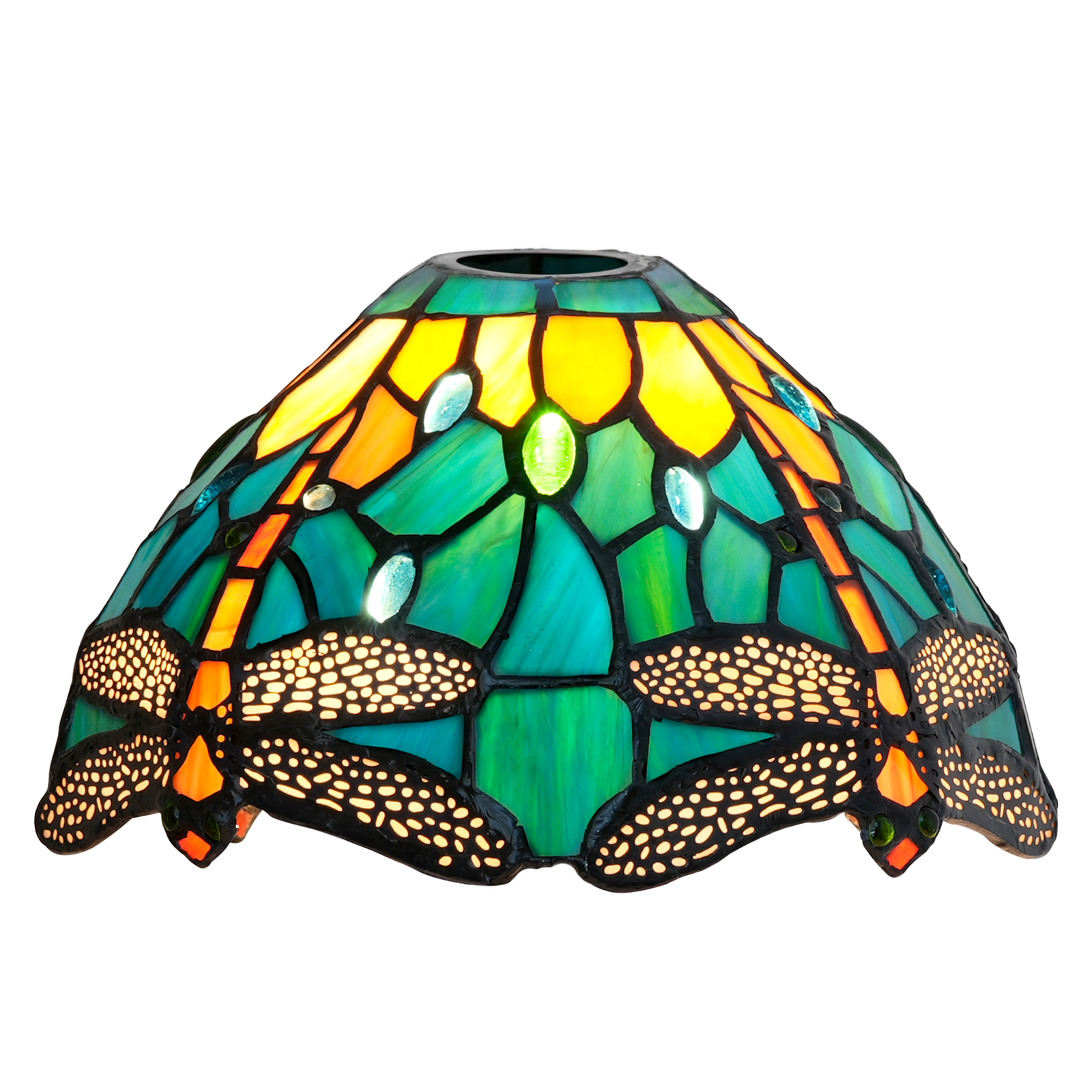 Blivuself Tiffany Lampshade Green Yellow Dragonfly Stained Glass Lamp Shade Handmade Vintage Art Decor Large Opening Lampshades for Living Room Bedroom Restaurant, OFL046