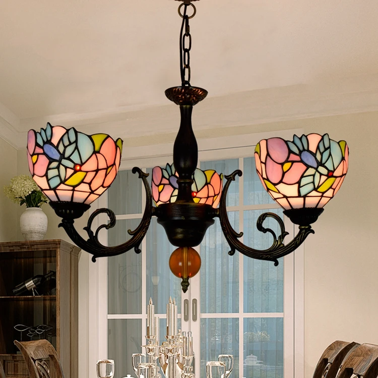 Blivuself Tiffany Chandelier Bird Flowers Stained Glass Chandelier 6 inch Small Lampshade Vintage Art Decor 3 Heads Chandelier for Living Room Bedroom Restaurant Hotel