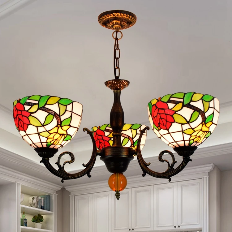 Blivuself Tiffany Chandelier Two-color roses Stained Glass Chandelier 8 inch Small Lampshade Vintage Art Decor 3 Heads Chandelier for Living Room Bedroom Restaurant Hotel