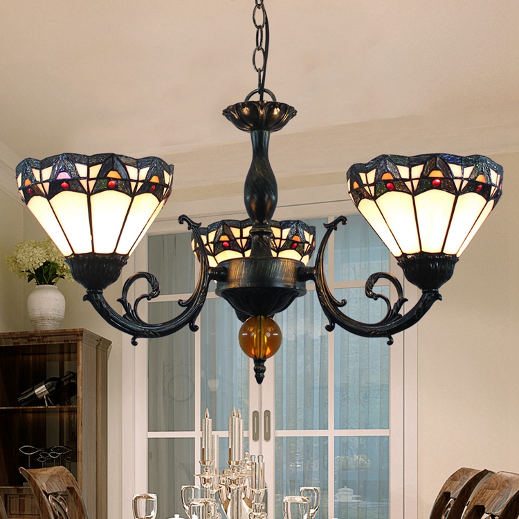 Blivuself Tiffany Chandelier Roman Style Stained Glass Chandelier 8 inch Small Lampshade Vintage Art Decor 3 Heads Chandelier for Living Room Bedroom Restaurant Hotel