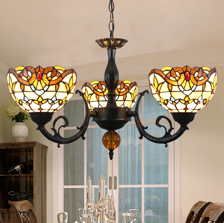 Blivuself Tiffany Chandelier Yellow Baroque Stained Glass Chandelier 8 inch Small Lampshade Vintage Art Decor 3 Heads Chandelier for Living Room Bedroom Restaurant Hotel