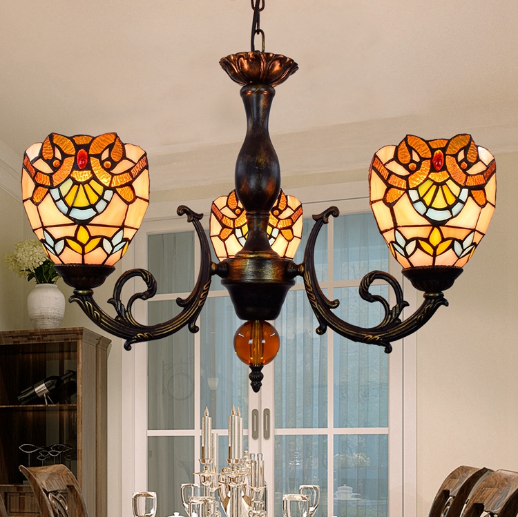 Blivuself Tiffany Chandelier Baroque Stained Glass Chandelier 6 inch Small Lampshade Vintage Art Decor 3 Heads Chandelier for Living Room Bedroom Restaurant Hotel