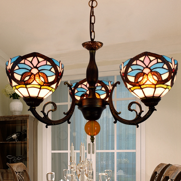 Blivuself Tiffany Chandelier Blue Heart Baroque Stained Glass Chandelier 8 inch Small Lampshade Vintage Art Decor 3 Heads Chandelier for Living Room Bedroom Restaurant Hotel