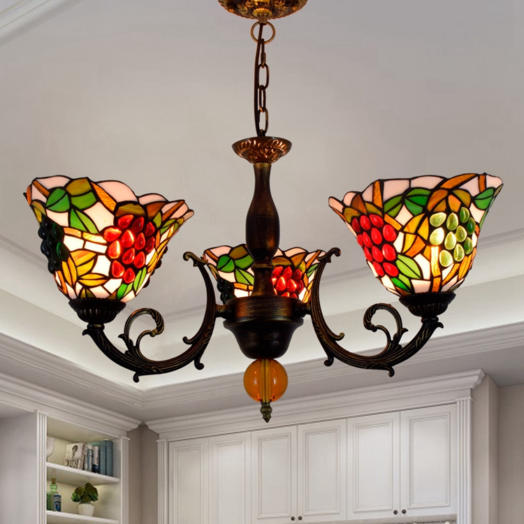 Blivuself Tiffany Chandelier White Background Grapes Stained Glass Chandelier 8 inch Small Lampshade Vintage Art Decor 3 Heads Chandelier for Living Room Bedroom Restaurant Hotel