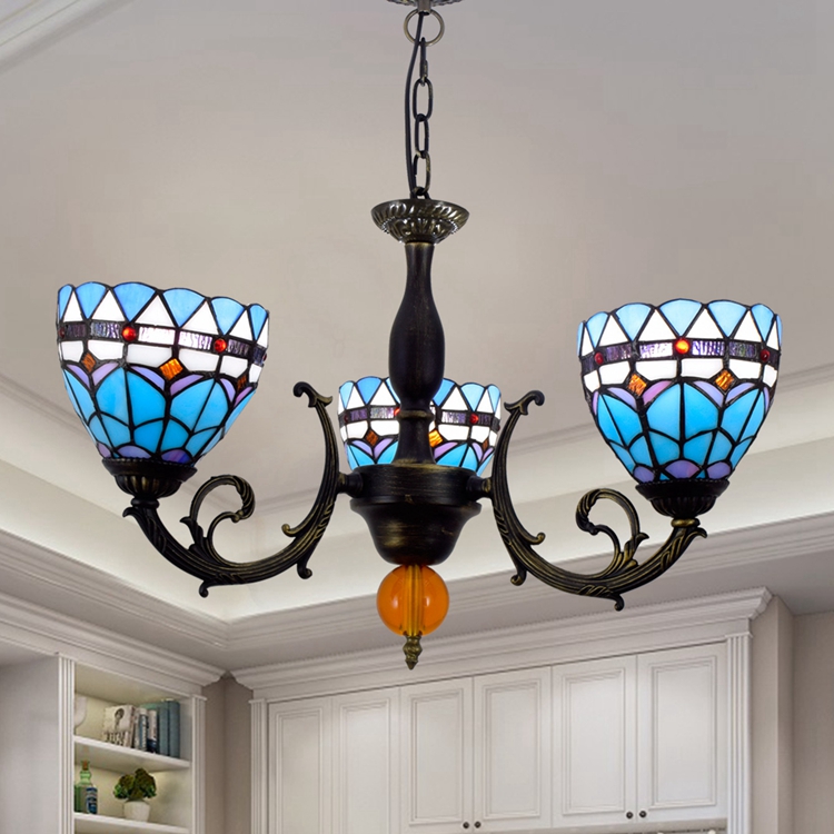 Blivuself Tiffany Chandelier Mediterranean Blue Feathers Stained Glass Chandelier 6 inch Small Lampshade Vintage Art Decor 3 Heads Chandelier for Living Room Bedroom Restaurant Hotel