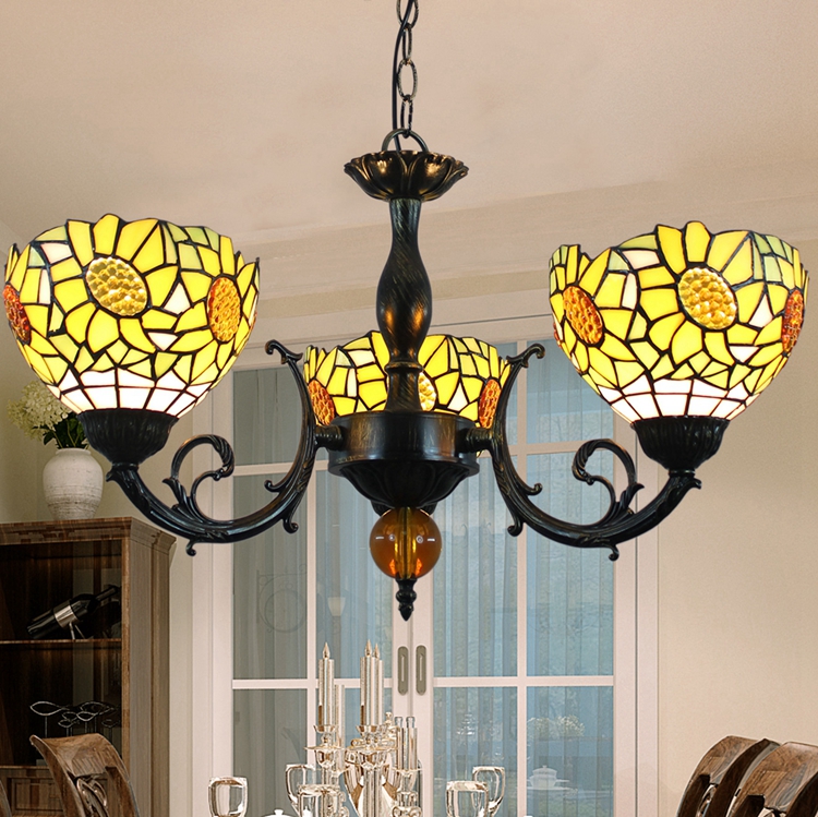Blivuself Tiffany Chandelier Yellow Sunflowers Stained Glass Chandelier 8 inch Small Lampshade Vintage Art Decor 3 Heads Chandelier for Living Room Bedroom Restaurant Hotel