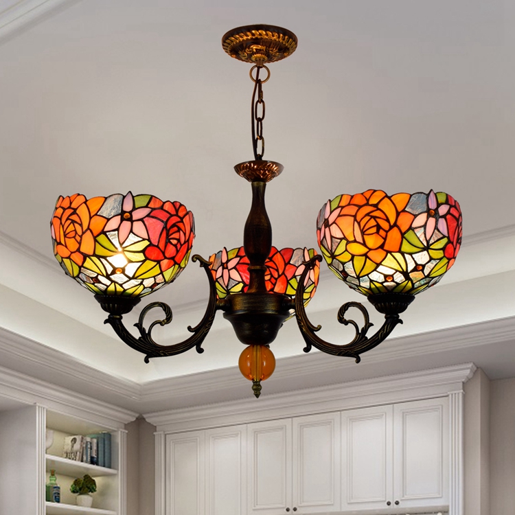 Blivuself Tiffany Chandelier Gorgeous Roses Stained Glass Chandelier 8 inch Small Lampshade Vintage Art Decor 3 Heads Chandelier for Living Room Bedroom Restaurant Hotel