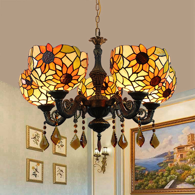 Blivuself Tiffany Chandelier Pastoral Sunflowers Stained Glass Chandelier 8 inch Small Lampshade Vintage Art Decor 5 Heads Antique Chandelier for Living Room Bedroom Restaurant Hotel