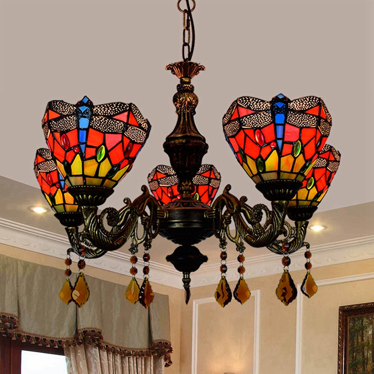 Blivuself Tiffany Chandelier Red Dragonfly Stained Glass Chandelier 6 inch Small Lampshade Vintage Art Decor 5 Heads Antique Chandelier for Living Room Bedroom Restaurant Hotel