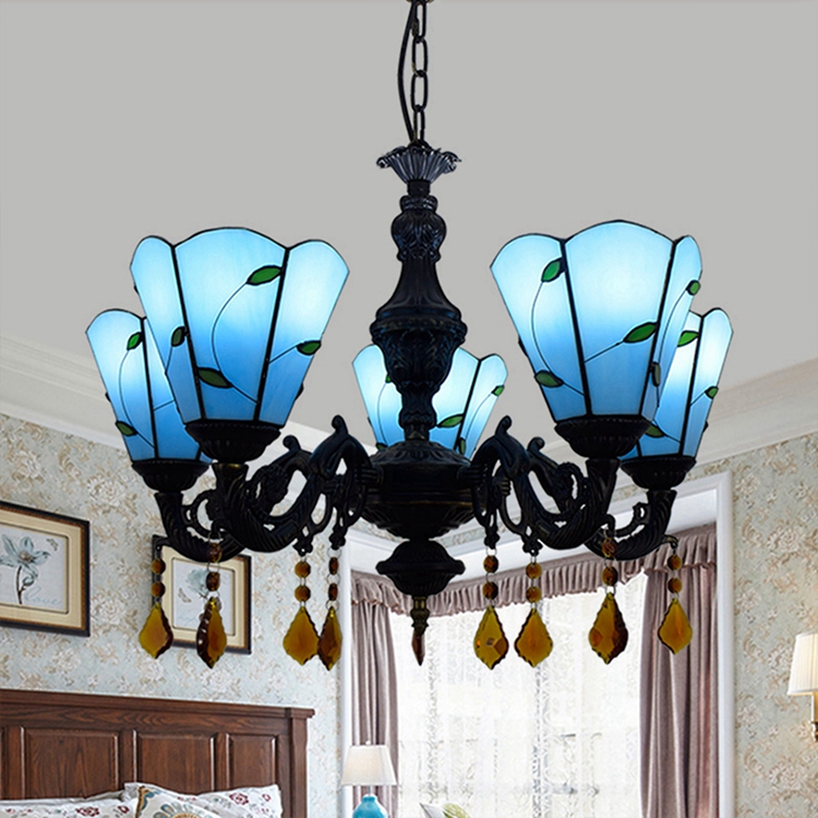 Blivuself Tiffany Chandelier Blue Leaves Stained Glass Chandelier 6 inch Small Lampshade Vintage Art Decor 5 Heads Antique Chandelier for Living Room Bedroom Restaurant Hotel