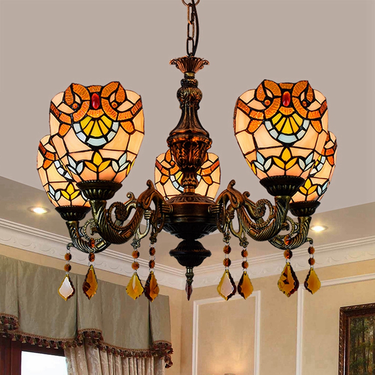 Blivuself Tiffany Chandelier Yellow Baroque Stained Glass Chandelier 6 inch Small Lampshade Vintage Art Decor 5 Heads Antique Chandelier for Living Room Bedroom Restaurant Hotel