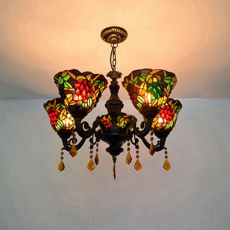 Blivuself Tiffany Chandelier Black Background Grapes Stained Glass Chandelier 6 inch Small Lampshade Vintage Art Decor 5 Heads Antique Chandelier for Living Room Bedroom Restaurant Hotel