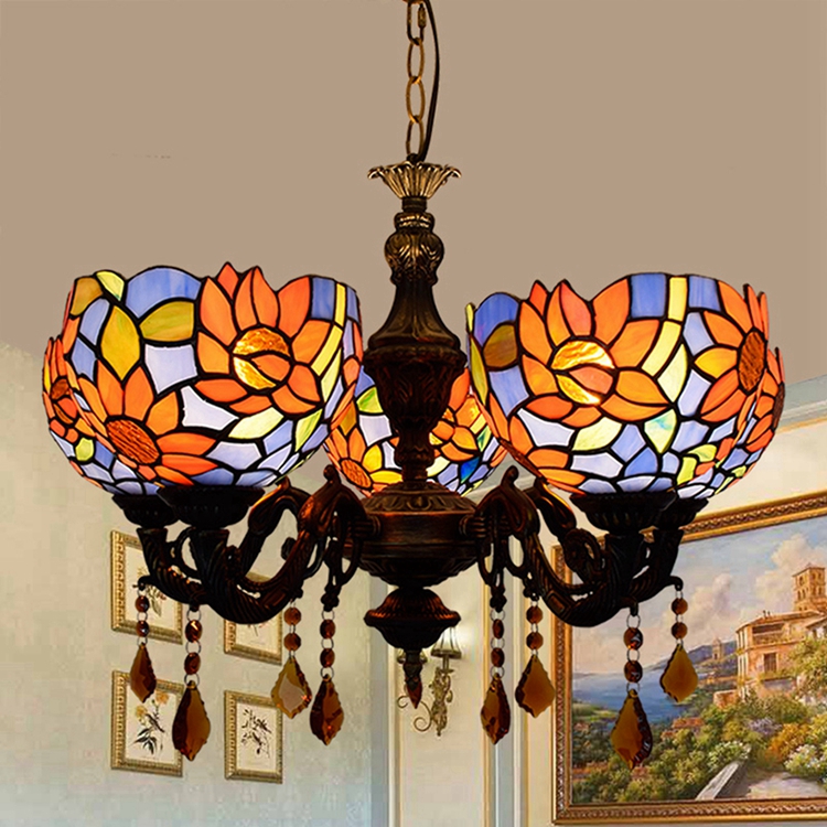 Blivuself Tiffany Chandelier Blue Background Sunflowers Stained Glass Chandelier 6 inch Small Lampshade Vintage Art Decor 5 Heads Antique Chandelier for Living Room Bedroom Restaurant Hotel