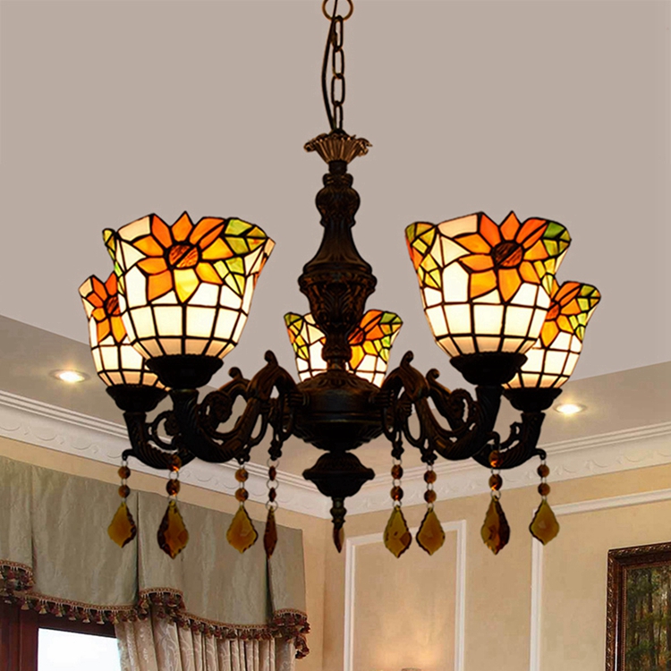 Blivuself Tiffany Chandelier Trumpet Sunflowers Stained Glass Chandelier 6 inch Small Lampshade Vintage Art Decor 5 Heads Antique Chandelier for Living Room Bedroom Restaurant Hotel