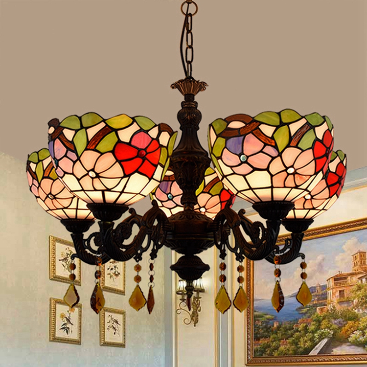Blivuself Tiffany Chandelier Tricolor Morning Glory Stained Glass Chandelier 8 inch Small Lampshade Vintage Art Decor 5 Heads Antique Chandelier for Living Room Bedroom Restaurant Hotel