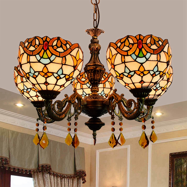 Blivuself Tiffany Chandelier Baroque Stained Glass Chandelier 8 inch Small Lampshade Vintage Art Decor 5 Heads Antique Chandelier for Living Room Bedroom Restaurant Hotel